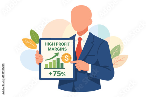 Businessman shows high profit margins with growth chart.
