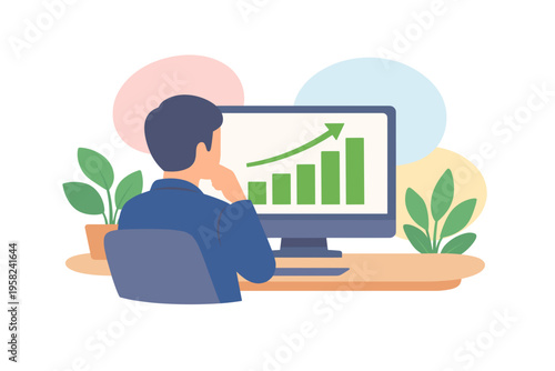Man analyzing financial growth chart on computer screen.