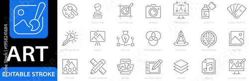 Art icon set. Graphic design icons. Entertainment icon collection. Editable stroke. Vector illustration