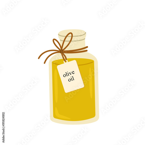 Glass jar of olive oil decorated with brown ribbon bow and tag. Mediterranean food great for culinary cuisine and healthy eating projects. Flat vector illustration.