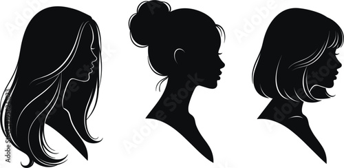 Set of female profile silhouettes with different hairstyles long hair bun and bob cut isolated on light background minimal flat vector illustration
