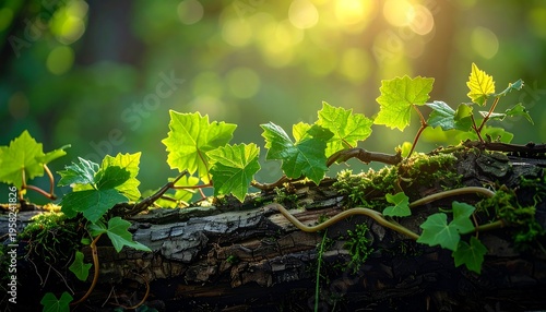 Sunlit Ivy Vines Growing on a Mossy Log in a Forest.