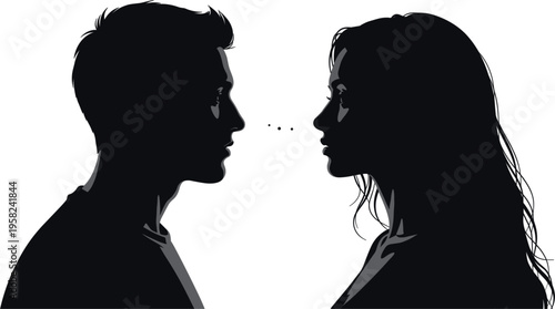 Silhouette of man and woman facing each other close conversation profile view human interaction isolated on light background minimal flat vector illustration concept