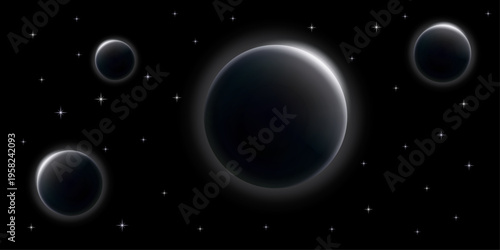 Monochromatic space background with glowing white planets and bright stars in dark universe vector illustration
