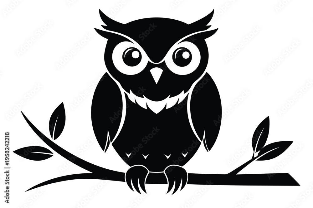 Fototapeta premium owl setting on a branch silhouette line art vector illustration with a white background