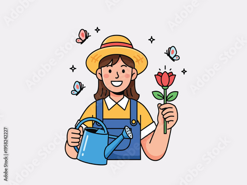 Happy young female gardener holding a red flower and watering can, surrounded by butterflies vector illustration