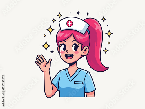 Cute cartoon female nurse character with pink hair and medical cap waving hand, vector illustration