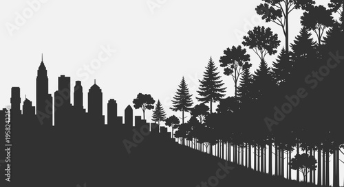 City skyline with trees silhouette.