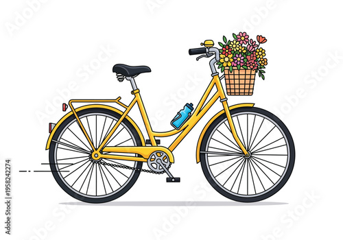 Yellow vintage bicycle vector illustration with a front basket full of colorful flowers and a water bottle