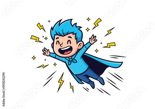 Happy flying superhero boy cartoon vector illustration with blue cape and lightning bolts