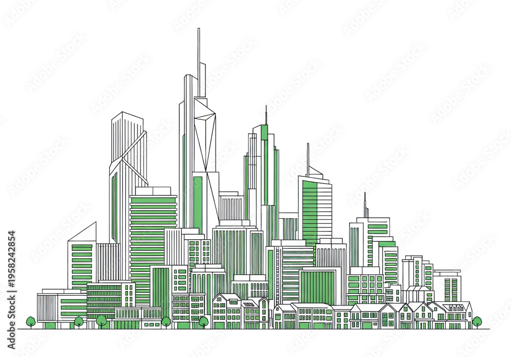 Fototapeta premium A diverse modern city skyline illustration with prominent skyscrapers, mid-rise blocks, and townhouses in minimalist black line art, vibrant green accents, on a transparent background with copy space,