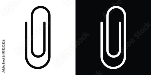 Minimalist vertical paperclip vector icon. Clean line art symbol for file attachments and office organization. Includes black and white versions for UI design and web interface elements.
