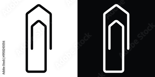 Minimalist vertical paperclip vector icon. Clean line art symbol for file attachments and office organization. Includes black and white versions for UI design and web interface elements.