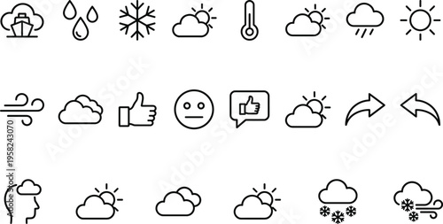 Weather forecast icons with reaction symbols, black vector design, climate condition graphics, modern minimal style, user interface elements, flat vector illustration