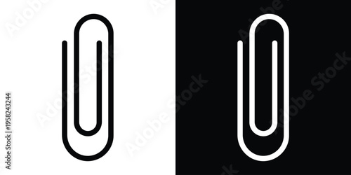 Minimalist vertical paperclip vector icon. Clean line art symbol for file attachments and office organization. Includes black and white versions for UI design and web interface elements.