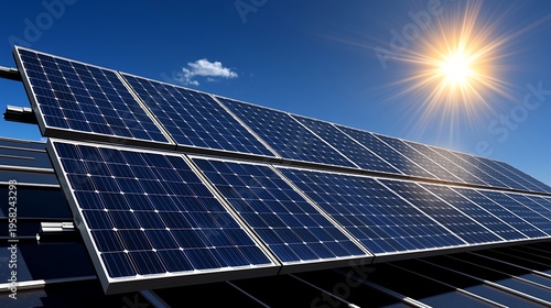 Solar Panels on Rooftop under Bright Sunny Sky