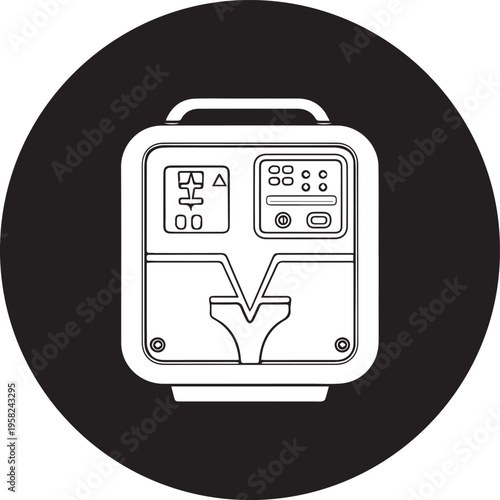 2D black and white defibrillator icon isolated on white background for medical use