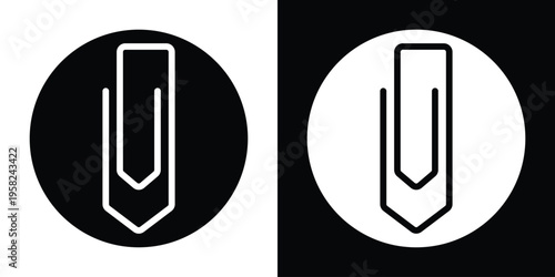 Vertical paperclip icon inside a solid circle. Modern button design for email attachments and file management. High-contrast black and white vector symbol for web and mobile application UI.
