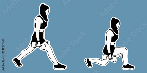 Static lunge Exercise Illustration, Black and White Sticker.
