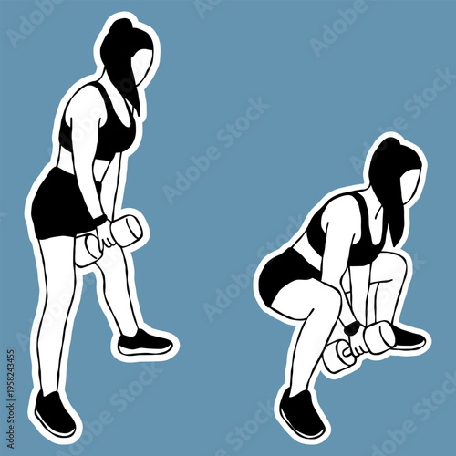 Sumo deadlift squat Exercise Illustration, Black and White Sticker.