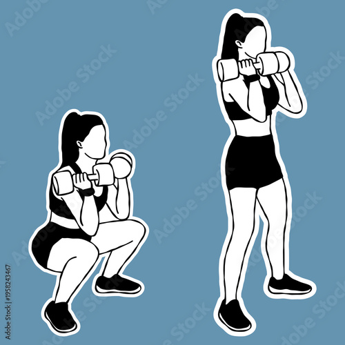 High Squats Exercise Illustration, Black and White Sticker.