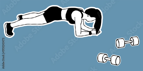 Plank Exercise Illustration, Black and White Sticker.
