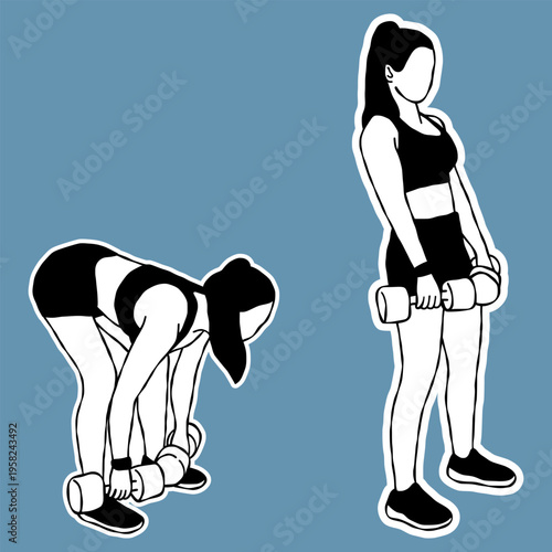 Steps of Woman Doing Romanian Deadlift Exercise Illustration, Black and White Sticker.