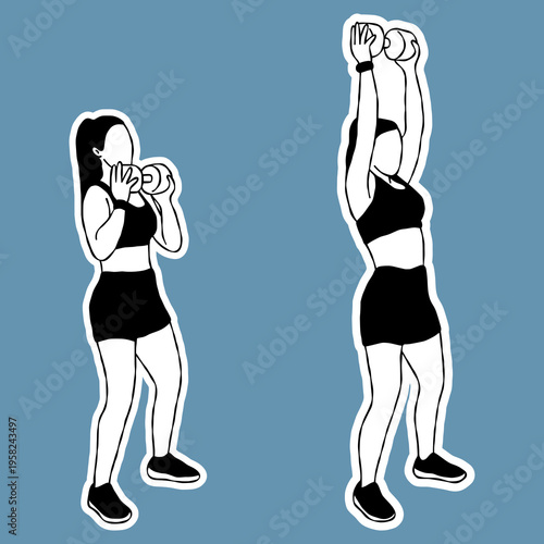Steps of Woman Doing the Shoulder Press Exercise Illustration, Black and White Sticker.