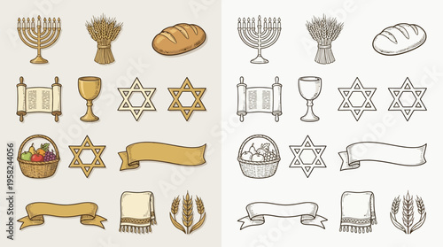 Collection of Jewish religious symbols and elements, including a menorah, Torah scroll, Star of David, and challah bread.
