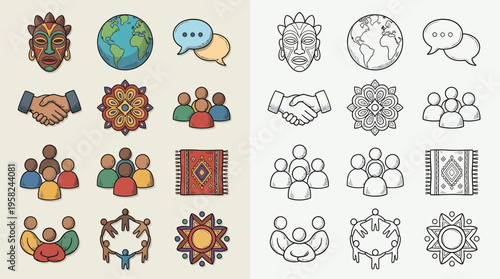 Collection of diverse icons representing global community, communication, and cultural exchange, presented in both color and outline styles.