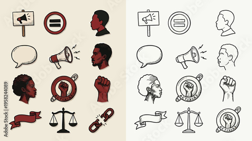 Collection of icons representing social justice, equality, and activism, including symbols like megaphones, scales of justice, and raised fists.