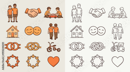 Collection of friendship and community-themed icons, presented in both color and outline styles.