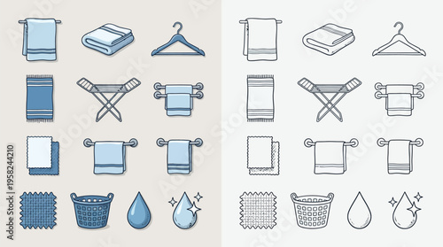 Collection of isometric icons representing laundry and cleaning services, including towels, hangers, drying racks, and washing supplies.