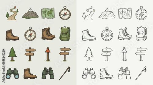 Collection of colorful and outline icons representing hiking and outdoor adventure gear and symbols.