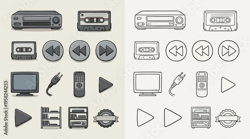 Collection of vintage and modern audio-visual equipment icons, including VCRs, cassette tapes, remote controls, and screens.