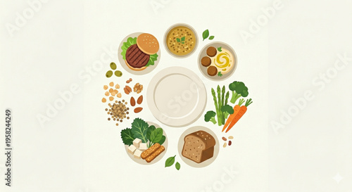 Balanced Diet Plate Concept with Empty Space, Healthy Nutrition Guide and Food Portion Control in Flat Design