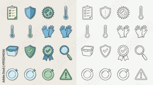 Collection of hygiene and safety icons, including checklists, shields, thermometers, gloves, and magnifying glasses, presented in both color and outline styles.