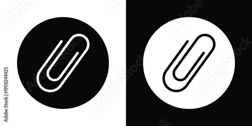 Diagonal paperclip icon within a circular frame. Functional UI button for file attachments, links, and document sharing. Professional vector graphic in black and white circular styles.