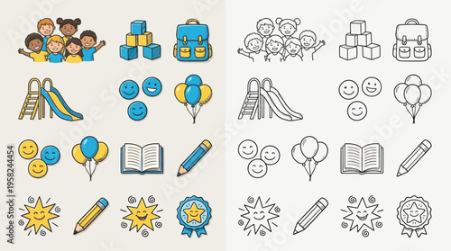 A collection of colorful and outline illustrations depicting school and childhood items, including children, toys, school supplies, and awards.