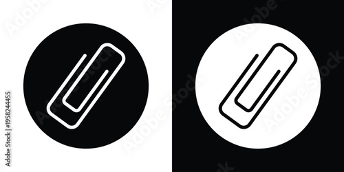 Diagonal paperclip icon within a circular frame. Functional UI button for file attachments, links, and document sharing. Professional vector graphic in black and white circular styles.