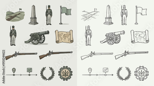 Collection of historical military icons including soldiers, cannons, rifles, flags, and maps, presented in both color and monochrome styles.