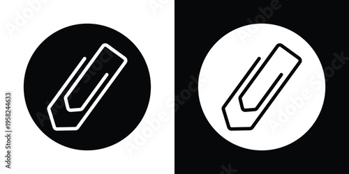 Diagonal paperclip icon within a circular frame. Functional UI button for file attachments, links, and document sharing. Professional vector graphic in black and white circular styles.