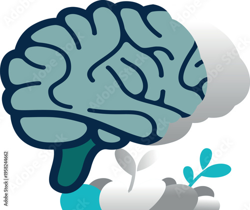 Flat design illustration of a human brain with plant sprouts depicting mental growth learning 