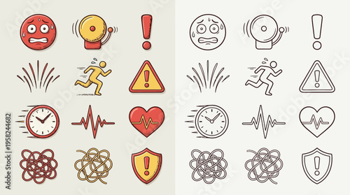 Collection of icons representing stress, anxiety, and emergency situations, presented in both colored and line-art styles.
