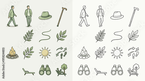Collection of hand-drawn icons depicting outdoor activities, nature elements, and leisure items, presented in both color and outline versions.