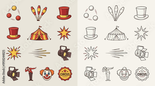 A collection of colorful and monochrome circus-themed icons, featuring juggling balls, clubs, hats, tents, spotlights, and performers.