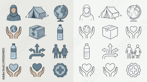A collection of humanitarian aid icons, presented in both a colored and outline style, depicting essential elements for relief efforts.