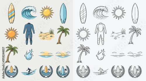 Collection of colorful and black and white illustrations of surfing elements, including surfboards, waves, sun, palm trees, and beach scenes.