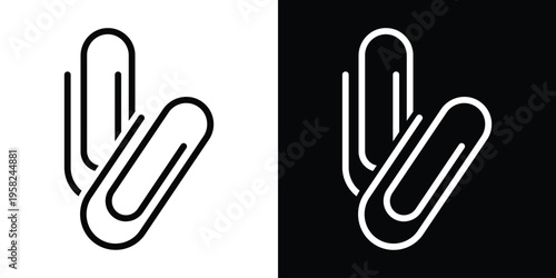 Vector line icon of two overlapping paperclips. Minimalist office supplies symbol in black and white versions. Professional attachment, document organization, and stationery tool graphic.