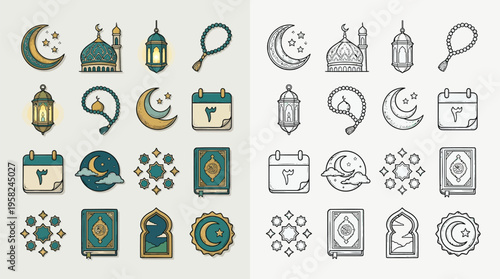Collection of Islamic cultural icons featuring crescent moons, mosques, lanterns, prayer beads, and the Quran, presented in both color and monochrome.